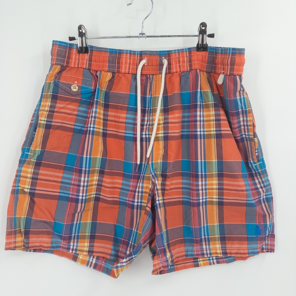 Polo Ralph Lauren Swim Trunks Mens M Orange Plaid Drawstring Mesh Lined Preppy